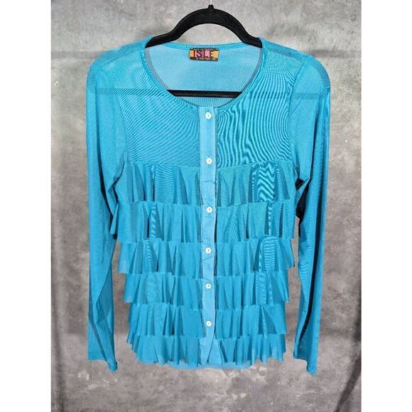 NWOT ISLE Apparel Made in Turkey Blue Ruffled Sweater Size Xs - Picture 2 of 6